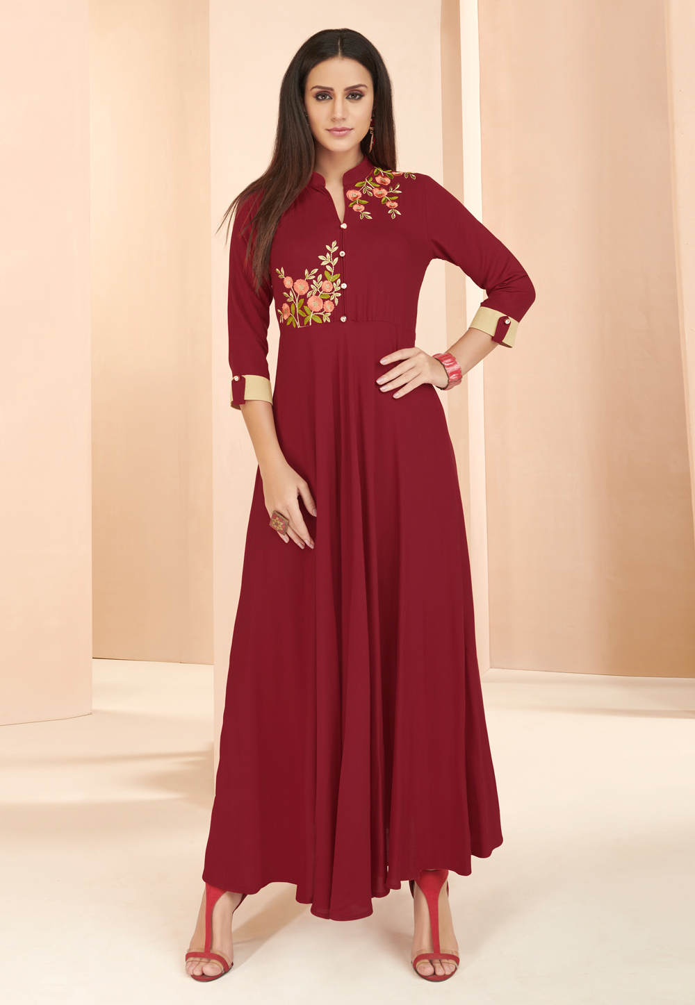 Maroon Rayon Readymade Gown 177662