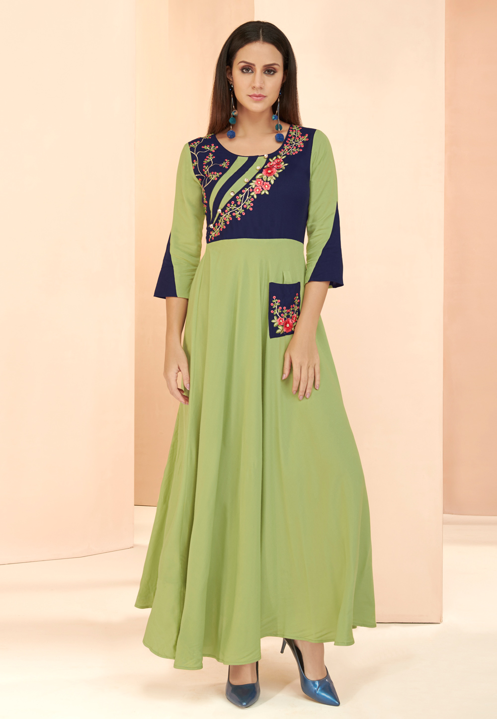 Light Green Rayon Readymade Gown 177663