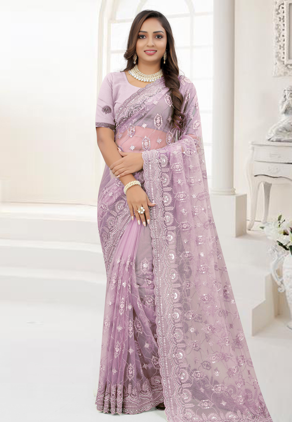 Light Purple Net Saree With Blouse 245151