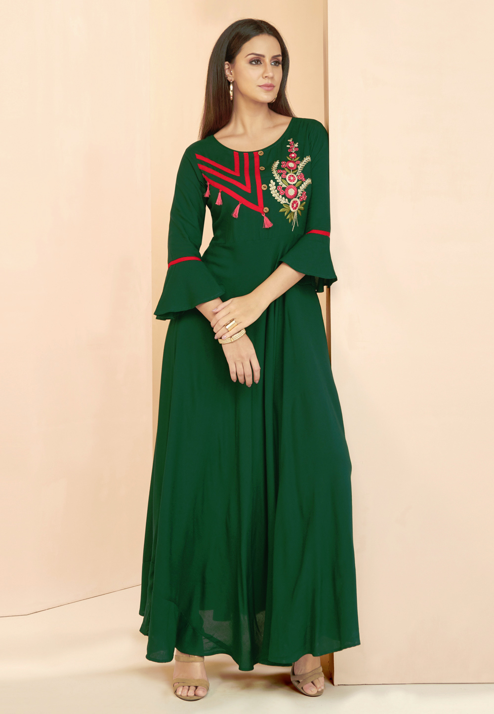 Green Rayon Readymade Gown With Frill Sleeve 177667