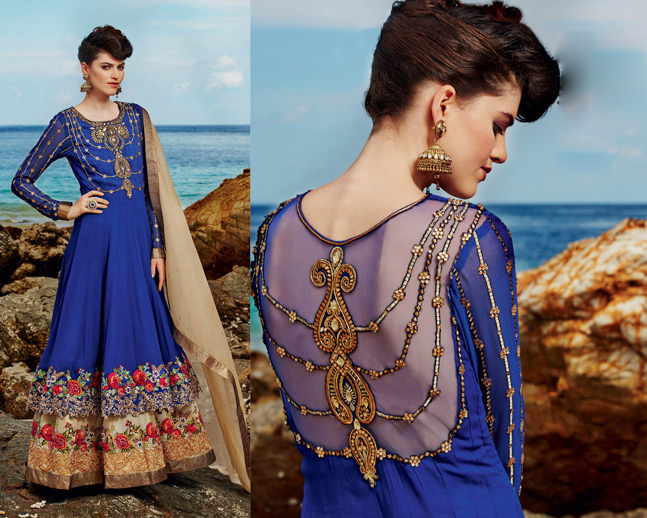 Blue Floral Patch Work Double Layered Anarkali Suit 36459