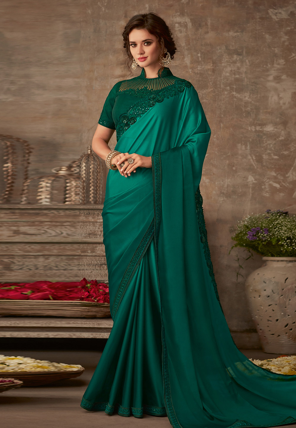 Teal Green Silk Party Wear Saree 193417