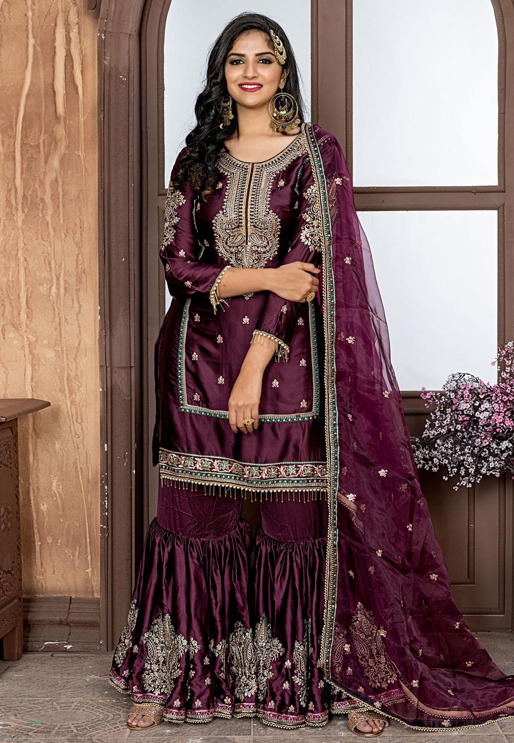 Purple Satin Embroidered Sharara Suit 181544