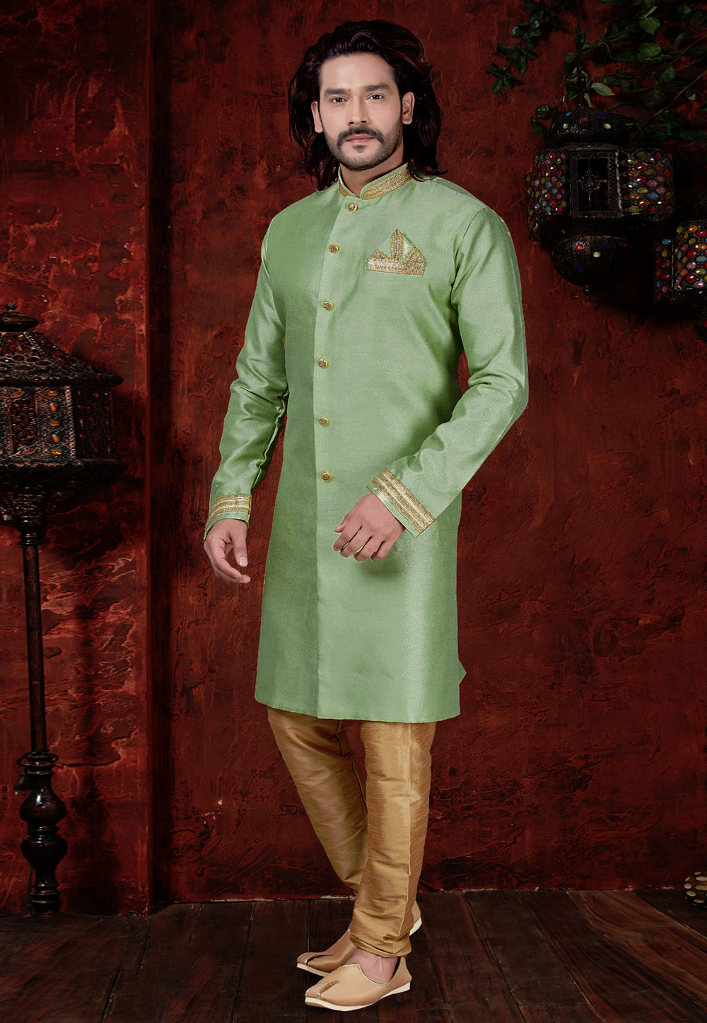 Pista Green Silk Readymade Indo Western Sherwani 167004