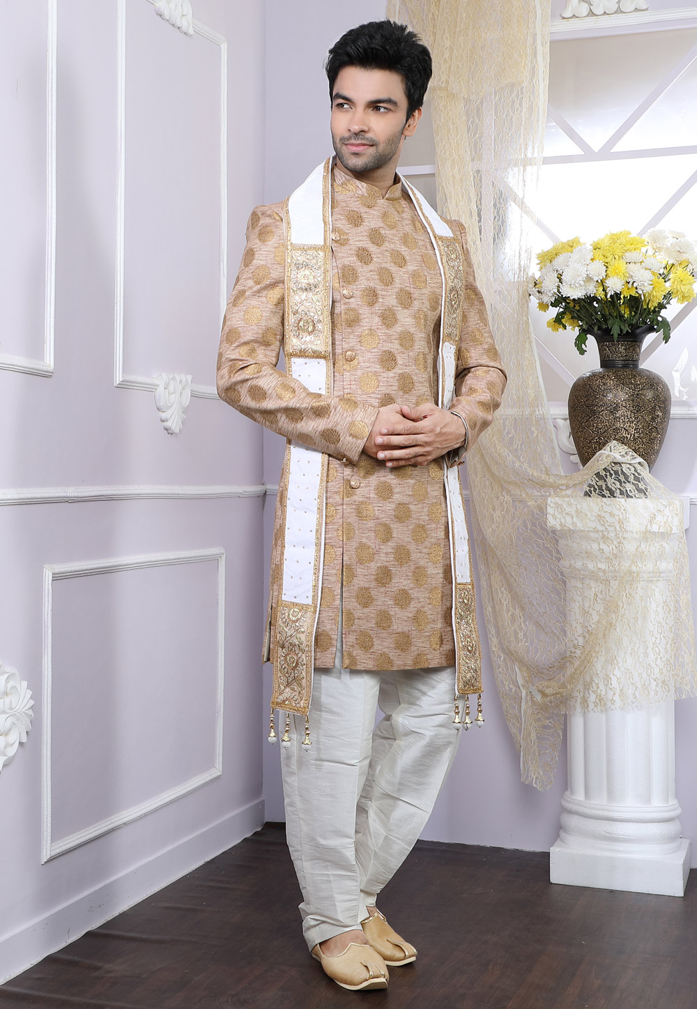 Beige Chanderi Readymade Indo Western Suit 166979