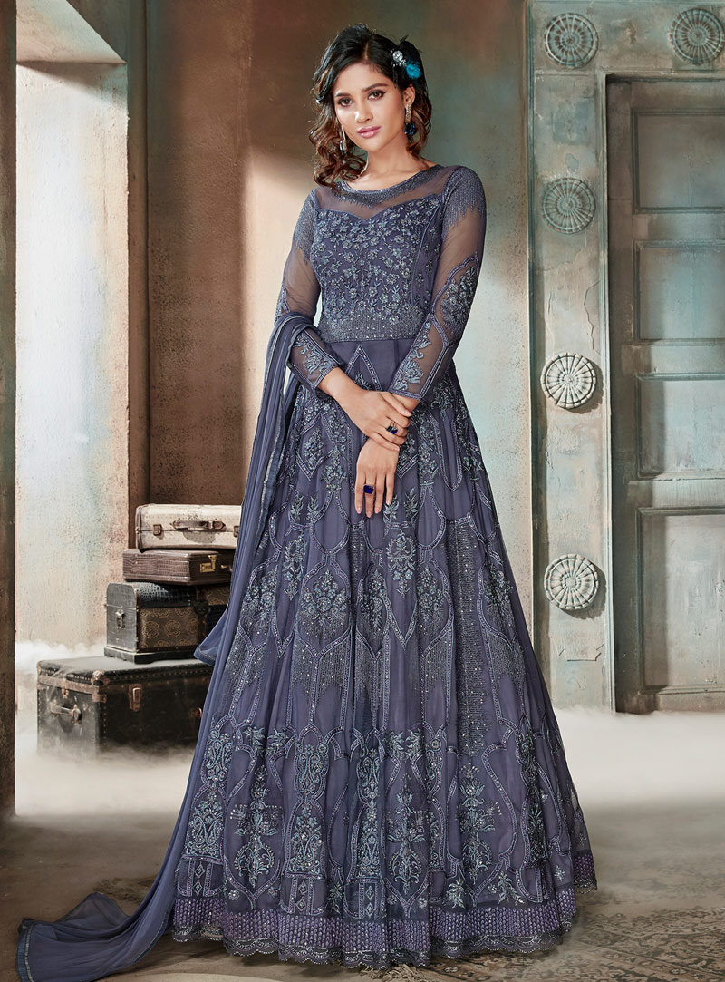 Blue Net Abaya Style Anarkali Suit 148466