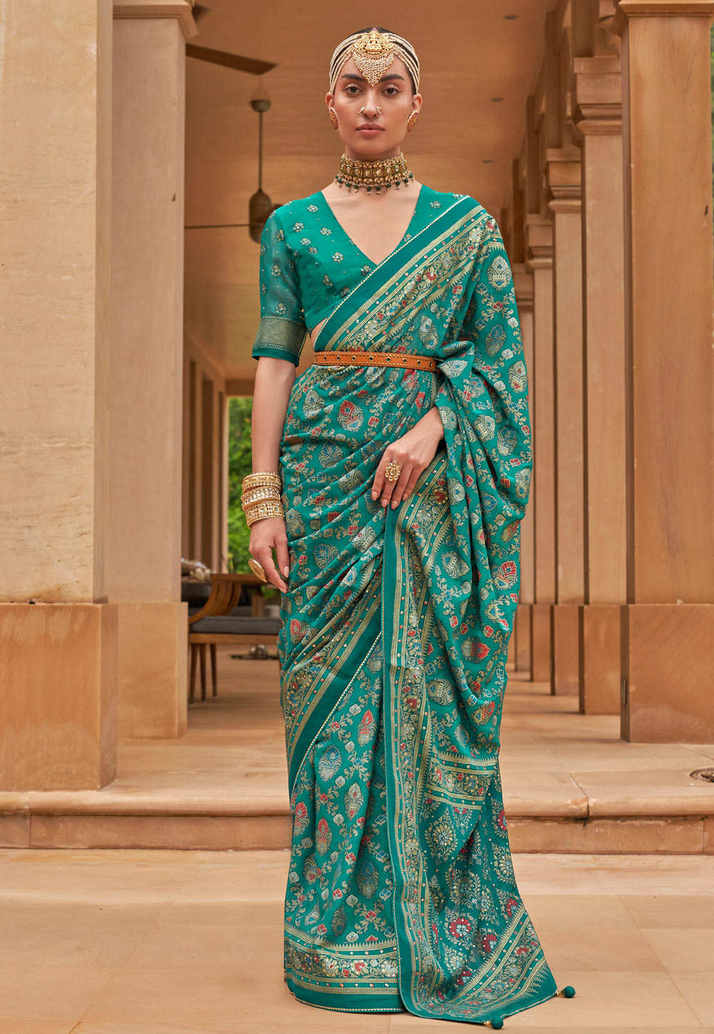 Sea Green Brasso Saree With Blouse 258179