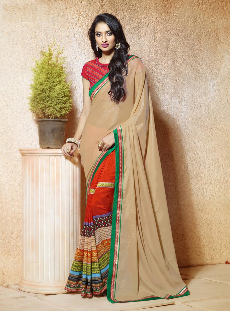 Beige Crepe Printed Saree With Blouse 78870