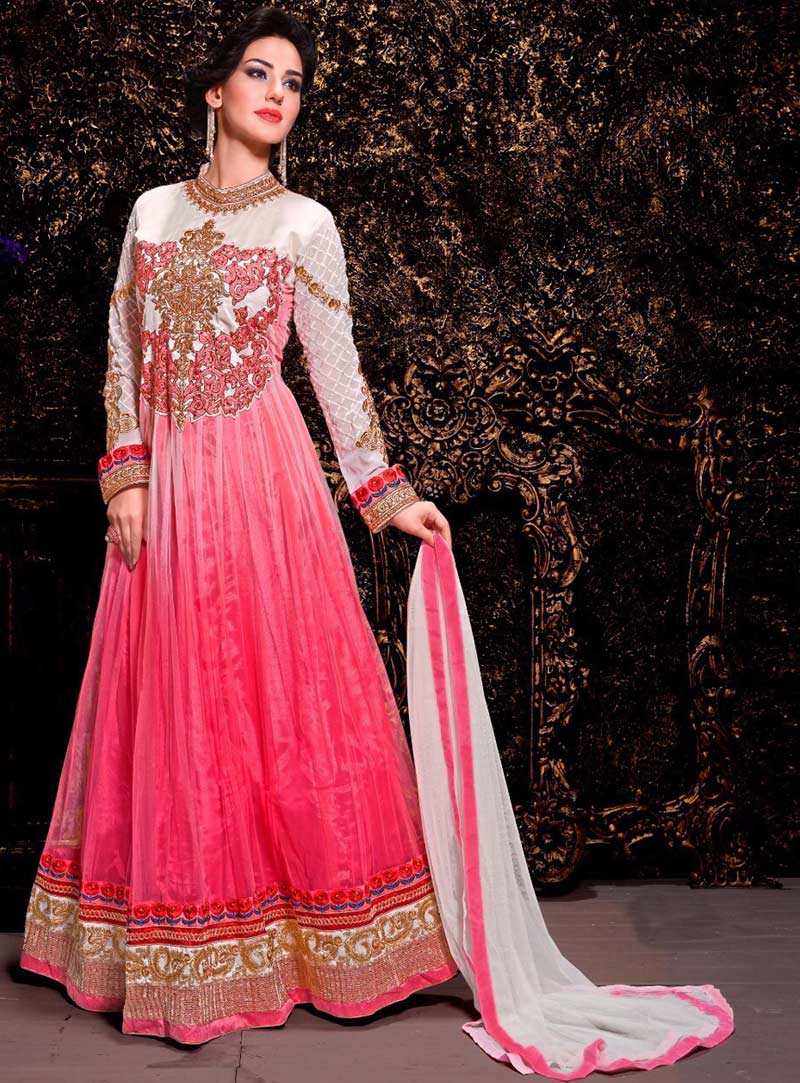 Pink Net Floor Length Anarkali Suit 56055