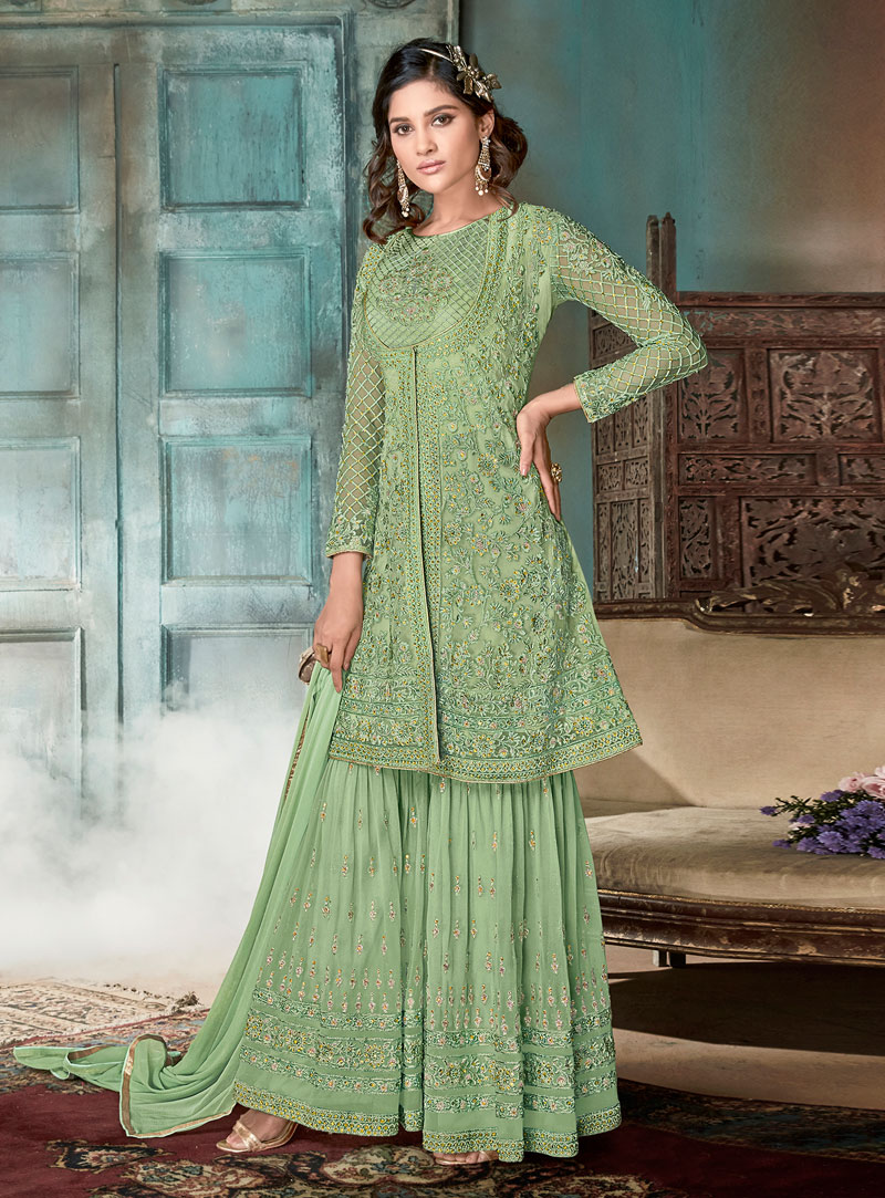 Green Net Sharara Style Suit 148467