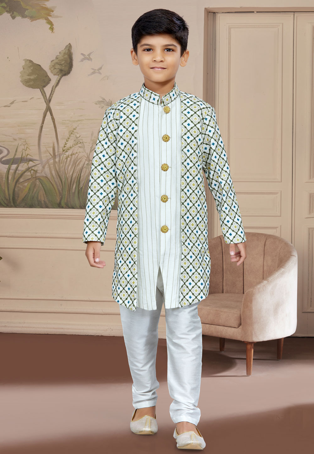 Off White Jacquard Kids Indo Western Suit 267583