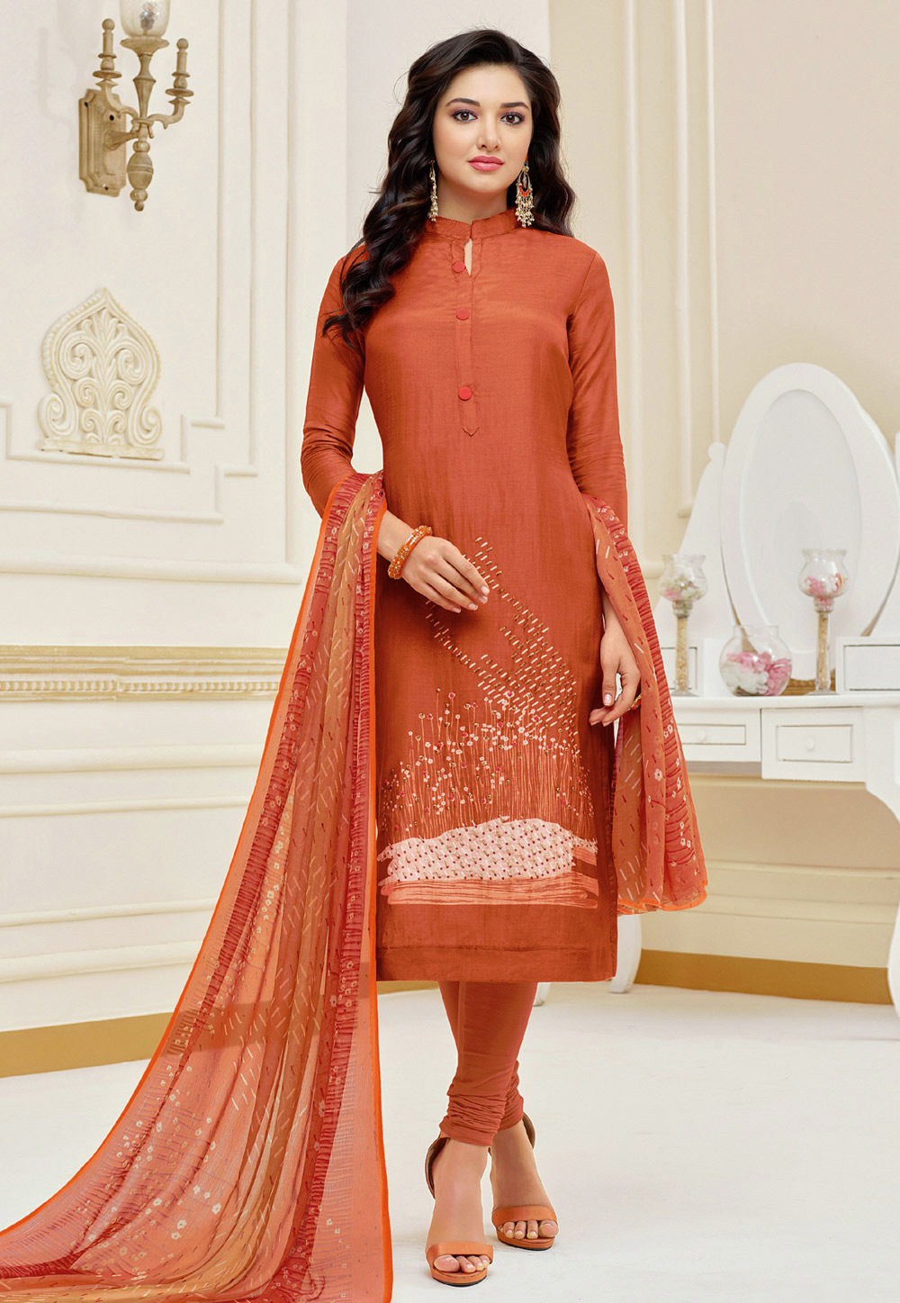 Orange Chanderi Churidar Suit 166961