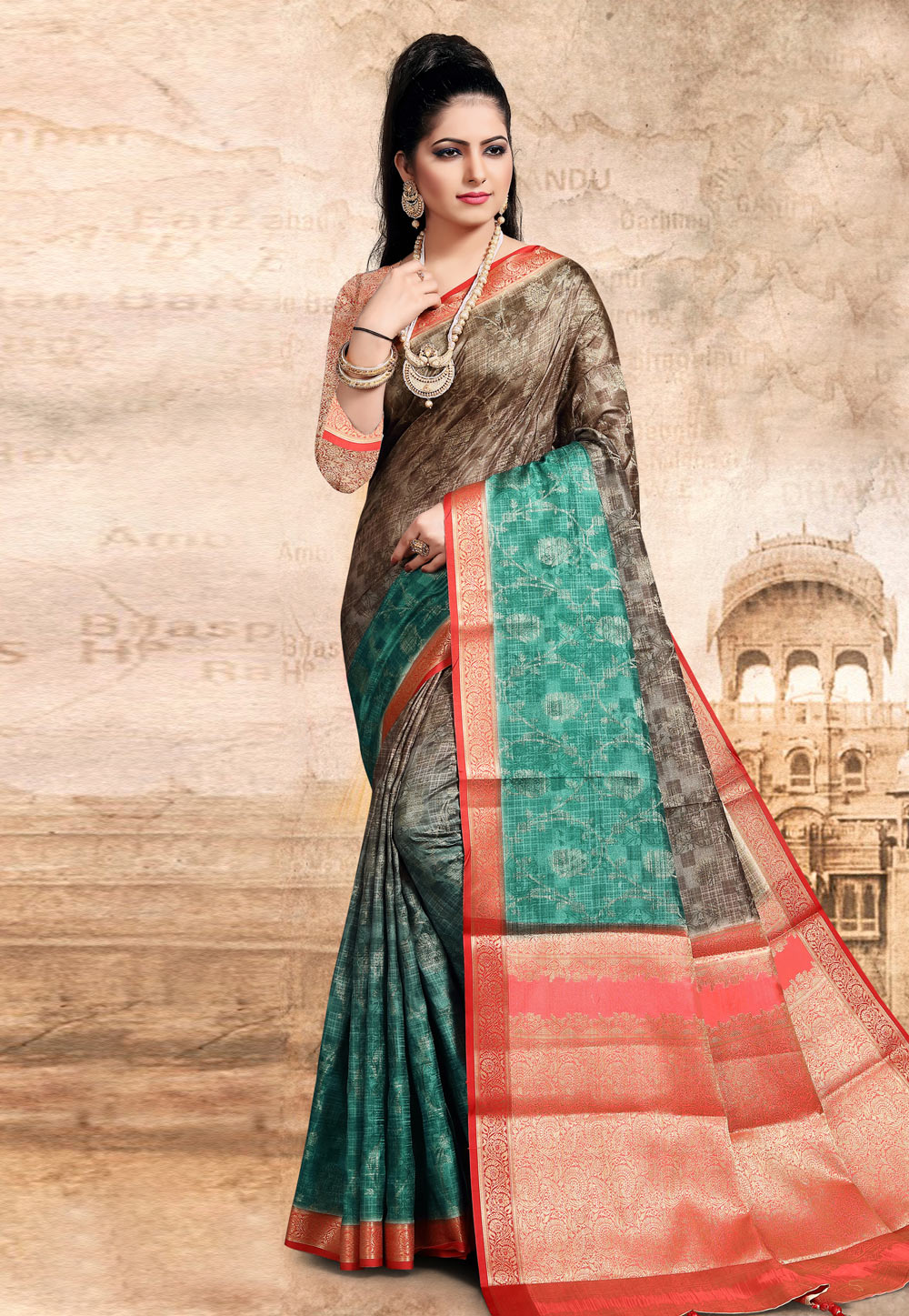 Brown Cotton Printed Saree With Blouse 208978
