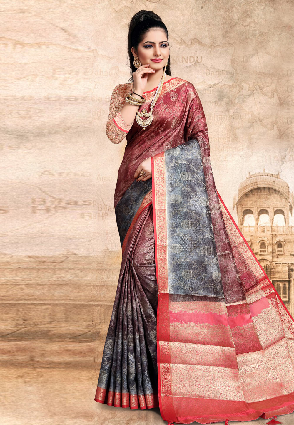 Shaded Pink Cotton Printed Saree With Blouse 208983