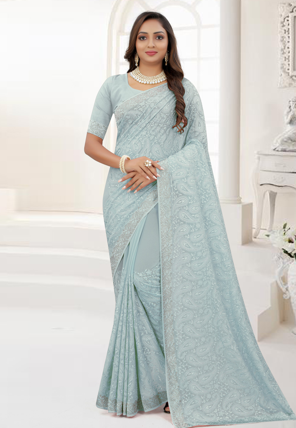 Sky Blue Georgette Embroidered Saree 245593