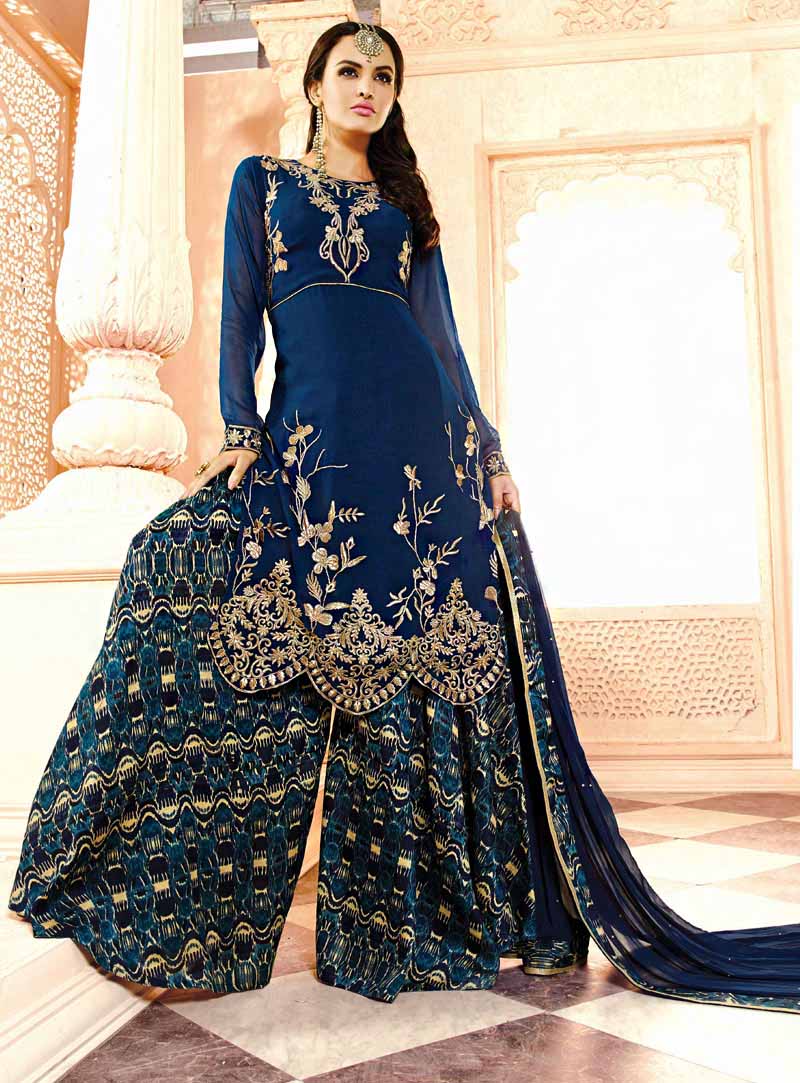 Navy Blue Georgette Kameez With Palazzo Pant 63475