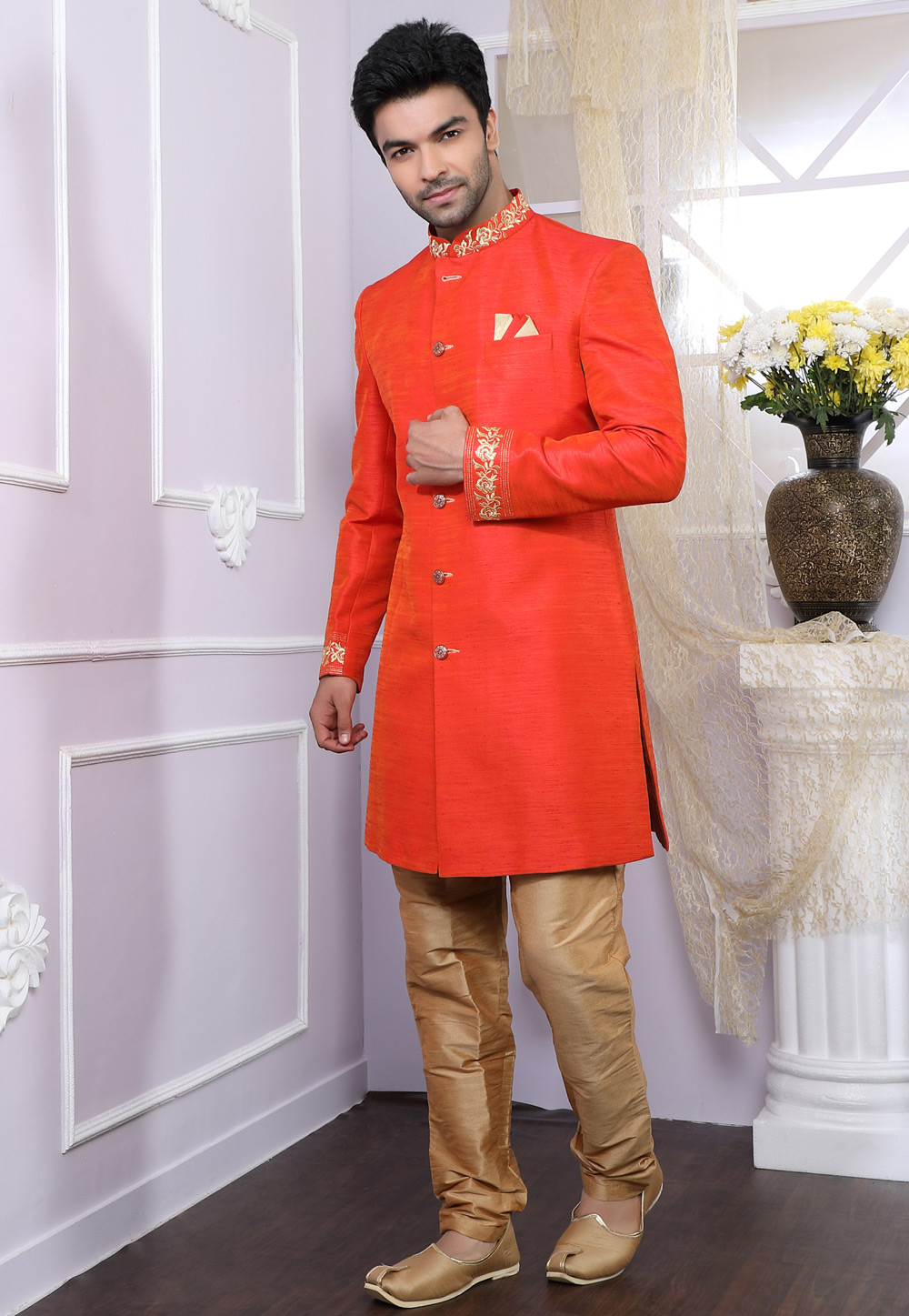 Orange Banglori Silk Readymade Indo Western Suit 166982