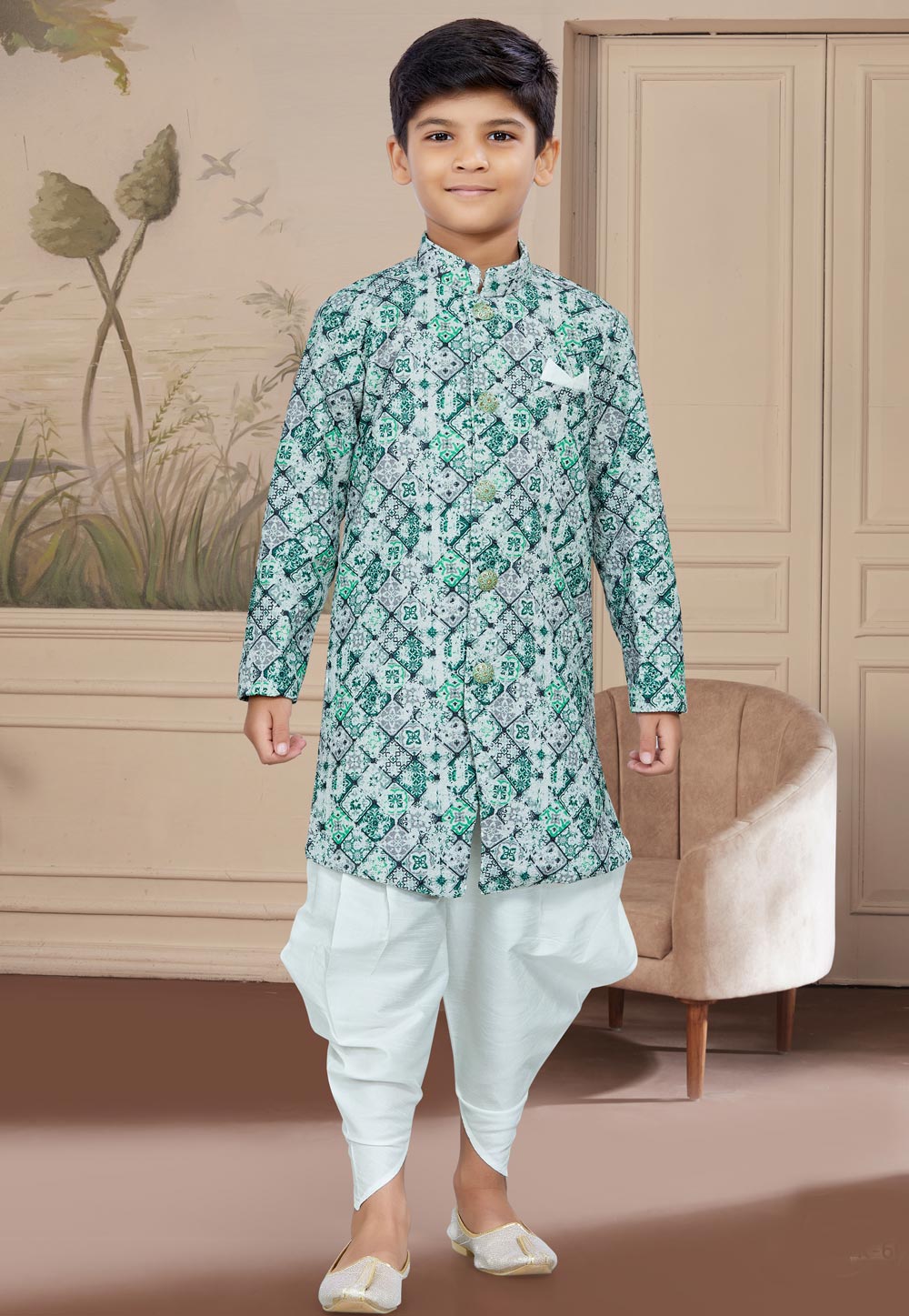 Green Jacquard Kids Indo Western Suit 267585