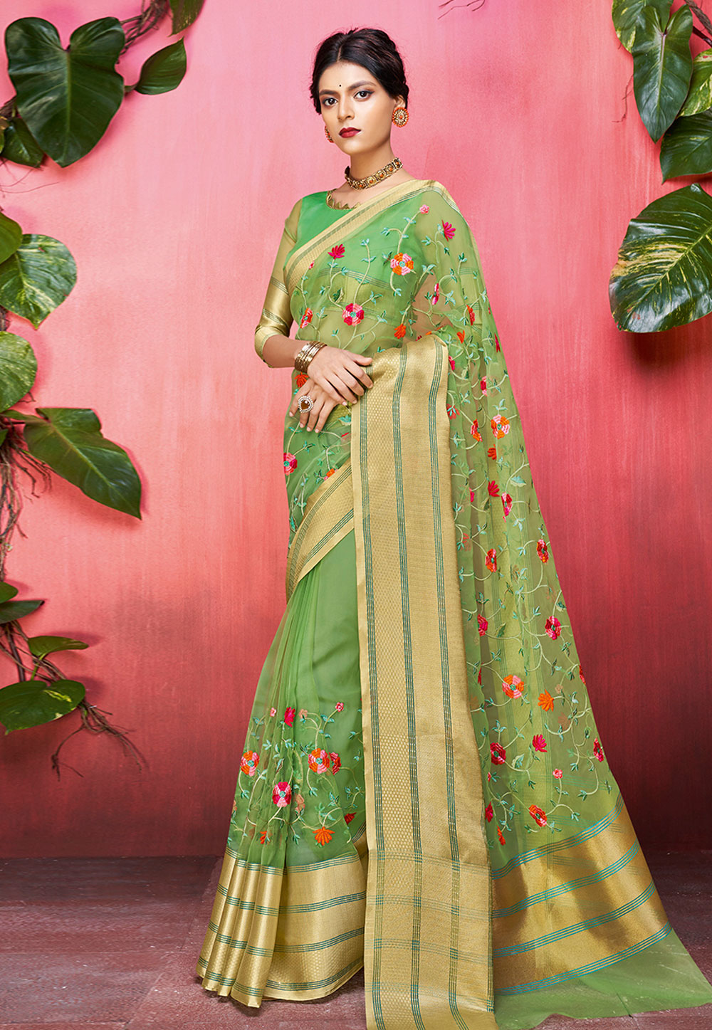 Green Organza Embroidered Saree With Blouse 167298