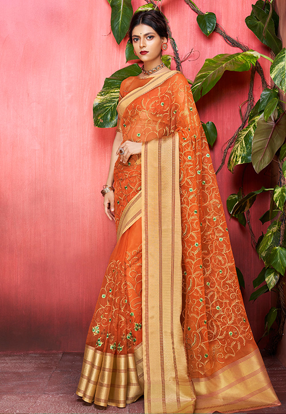 Orange Organza Embroidered Saree With Blouse 167300