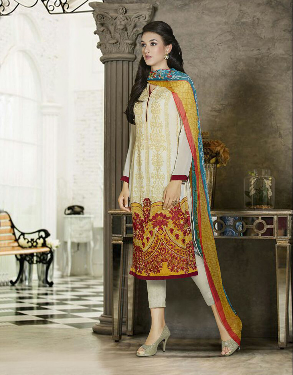 Off White Viscose Pakistani Style Suit 68245