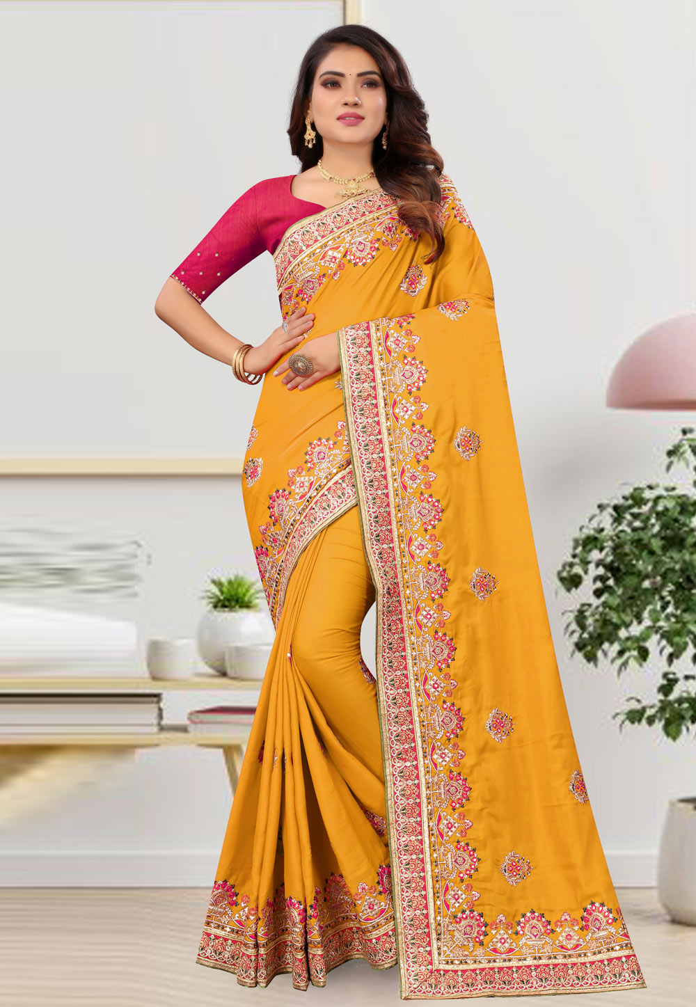 Yellow Satin Silk Embroidered Saree 245772