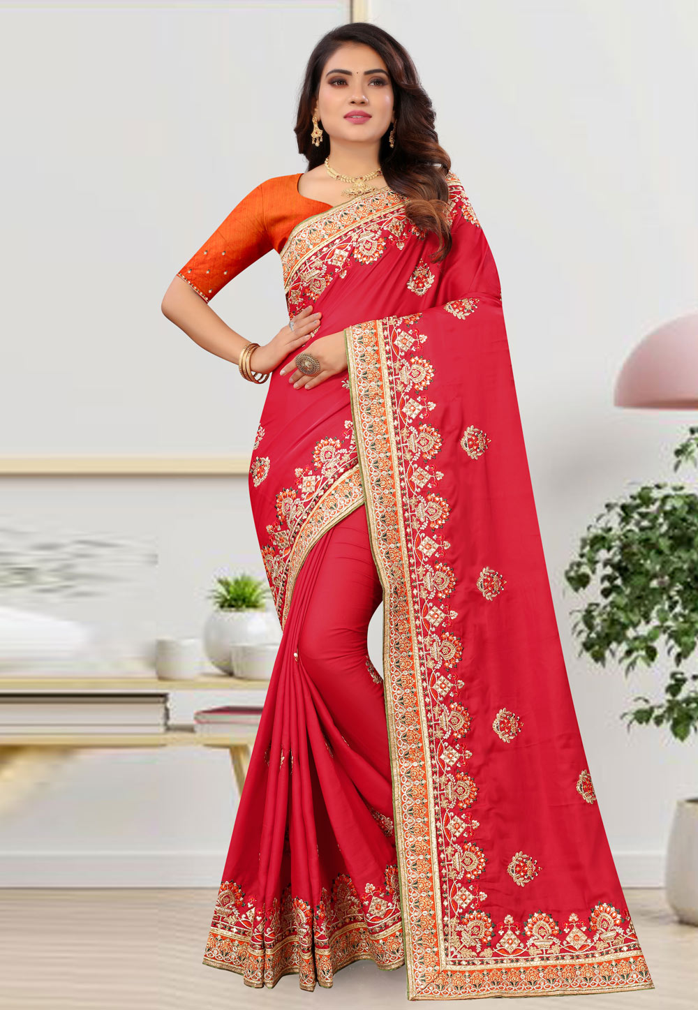 Magenta Satin Silk Embroidered Saree 245774
