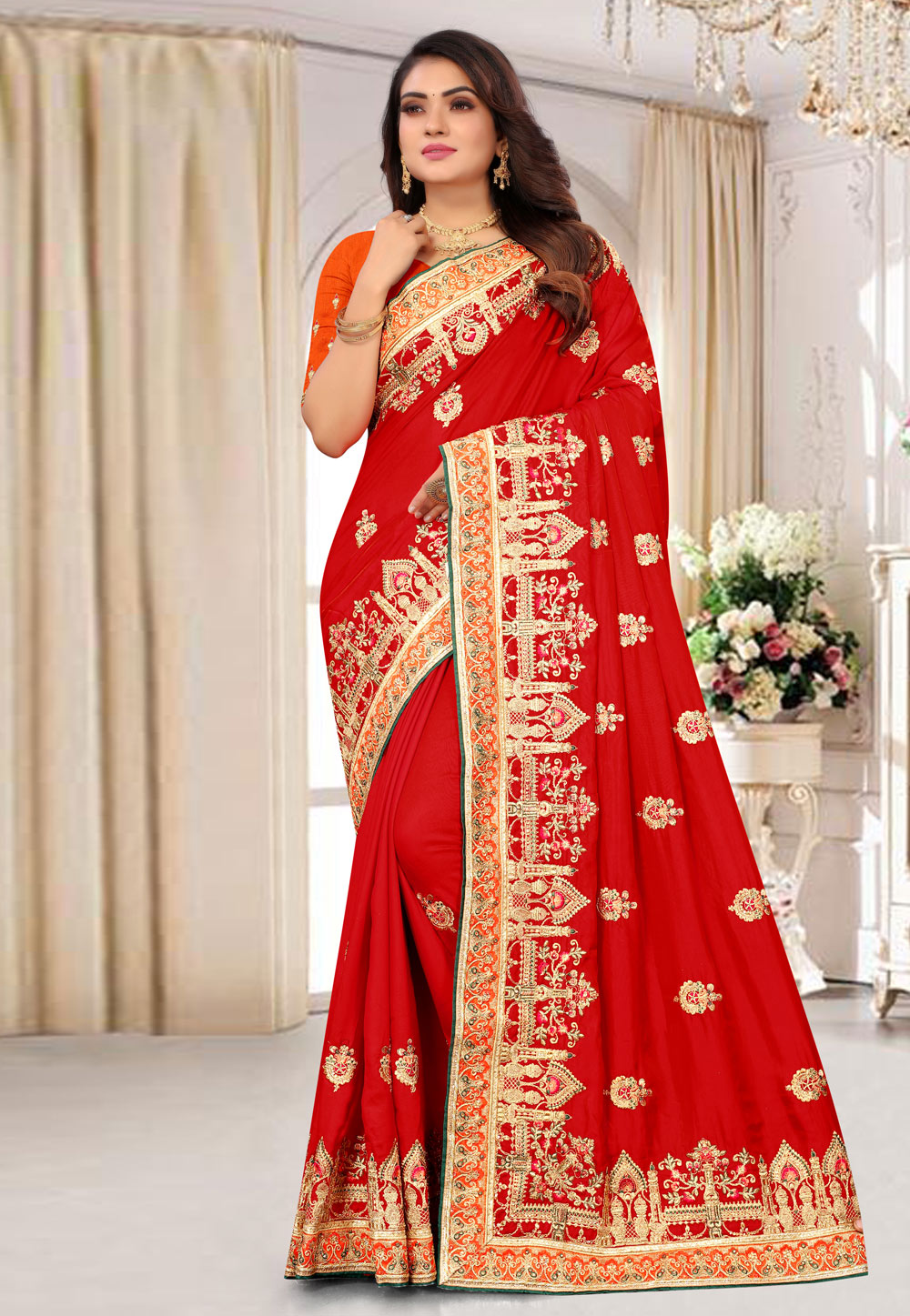 Red Satin Silk Embroidered Saree 245776
