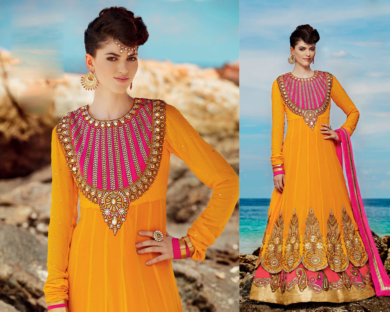Yellow Embroidered Layered Abaya Style Suit 36465