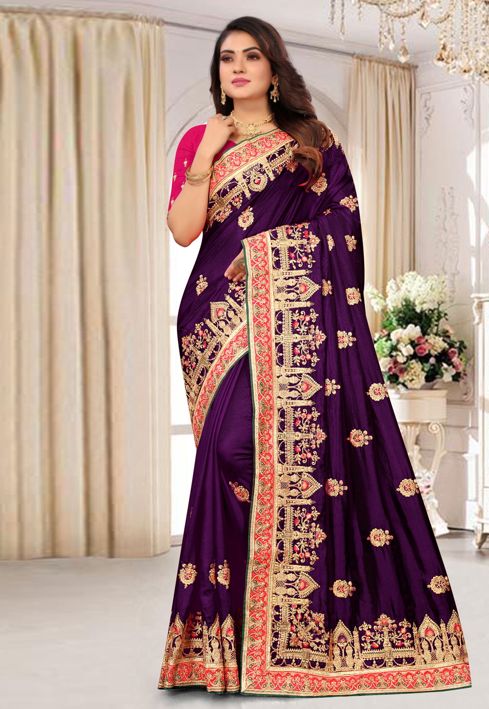 Purple Satin Silk Embroidered Saree 245780