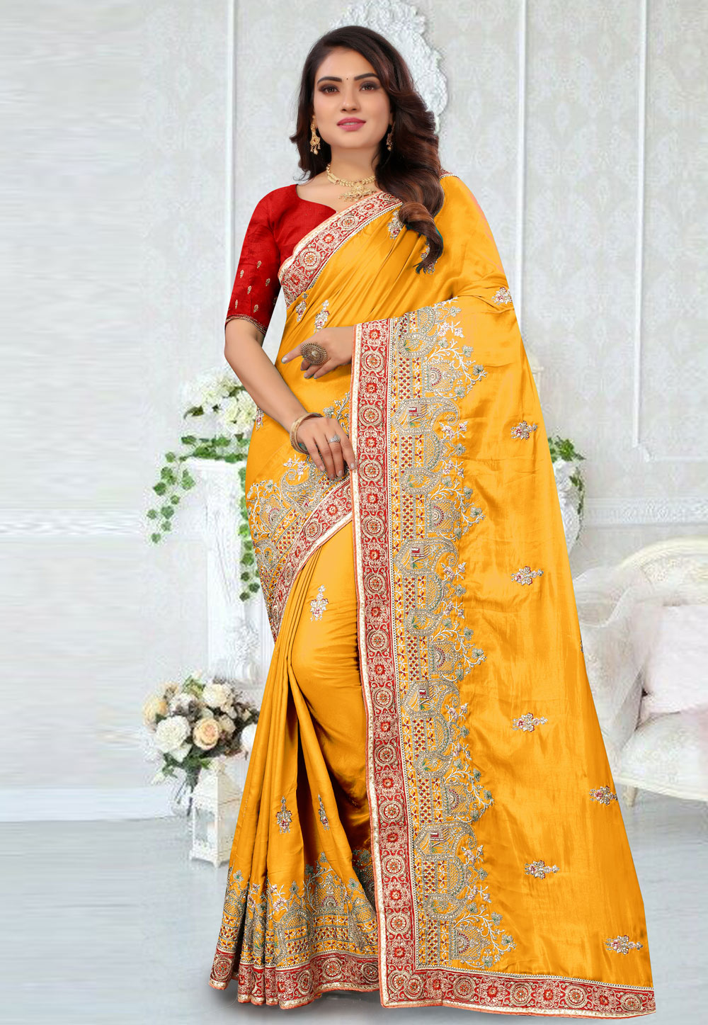 Yellow Satin Silk Embroidered Saree 245782