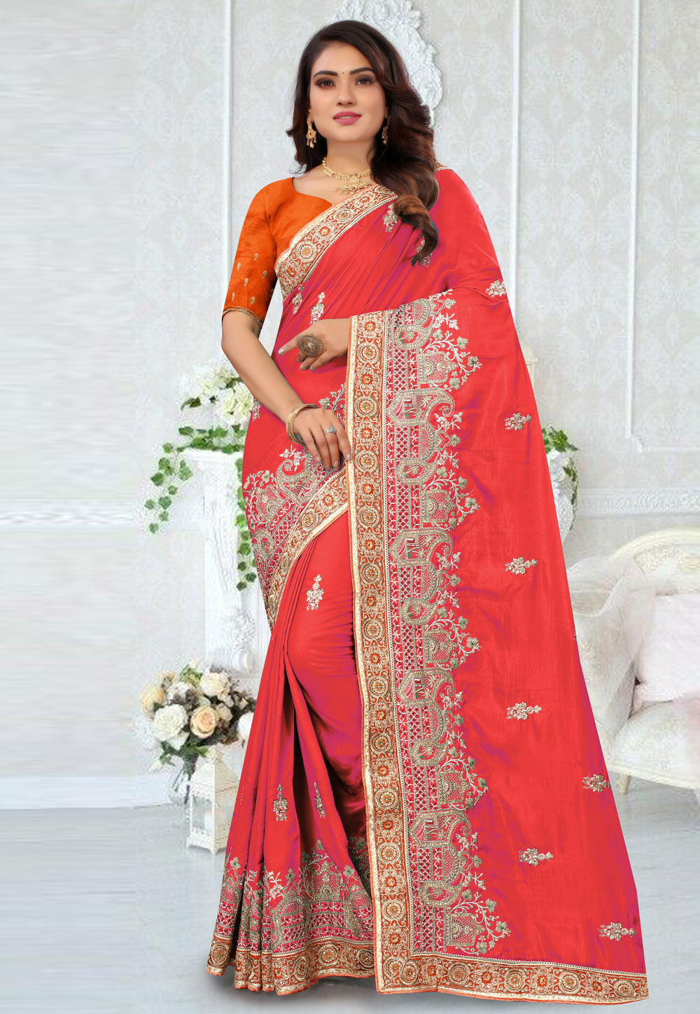 Pink Satin Silk Embroidered Saree 245784
