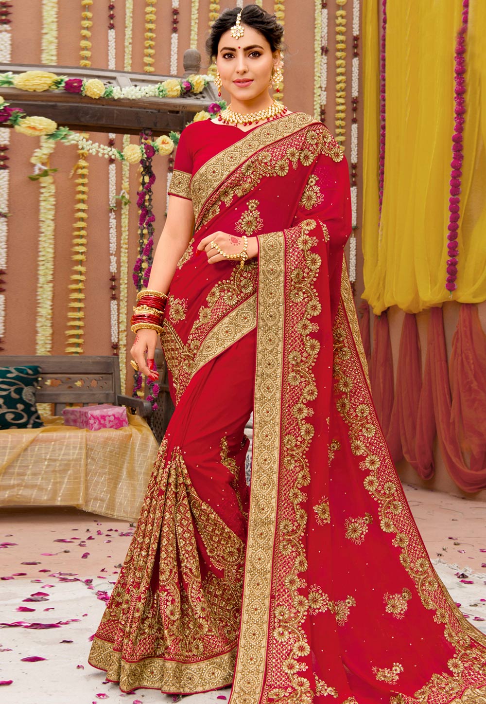 Red Georgette Wedding Saree With Blouse 167605