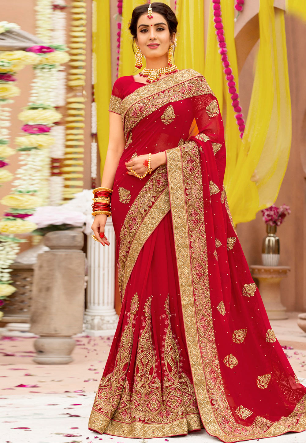 Red Georgette Embroidered Wedding Saree With Blouse 167610