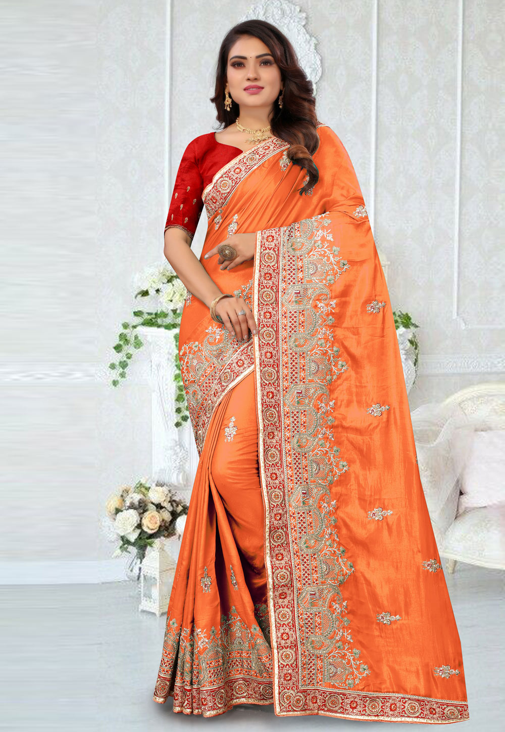 Orange Satin Silk Embroidered Saree 245786