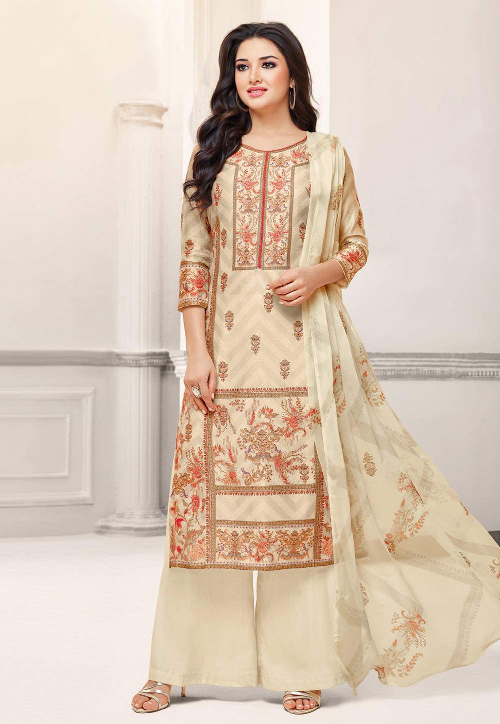 Beige Cotton Cambric Printed Kameez With Palazzo 167673