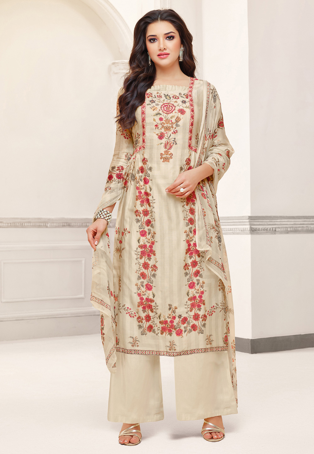 Beige Cotton Cambric Printed Kameez With Palazzo 167679
