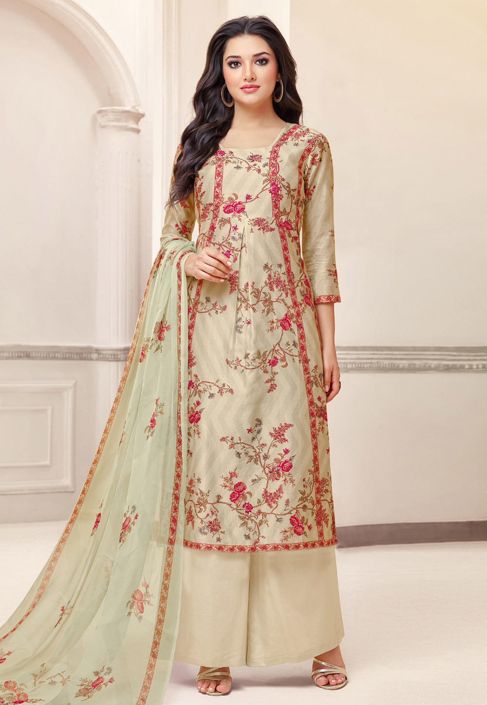 Beige Cotton Cambric Printed Palazzo Suit 167680