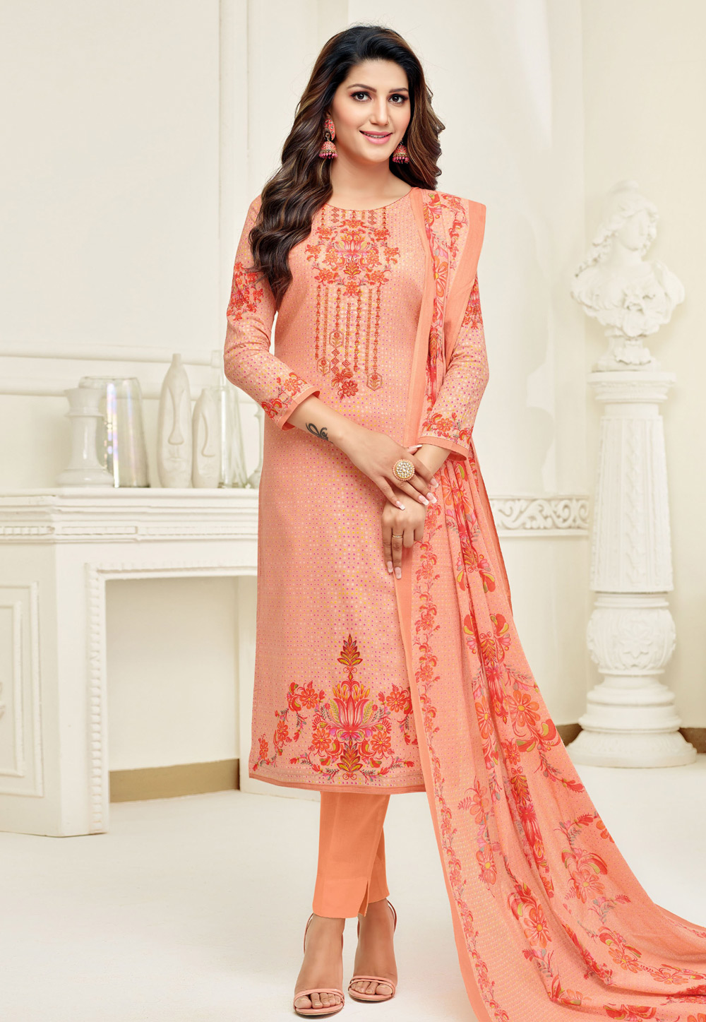 Peach Cambric Cotton Kameez With Pant 167682