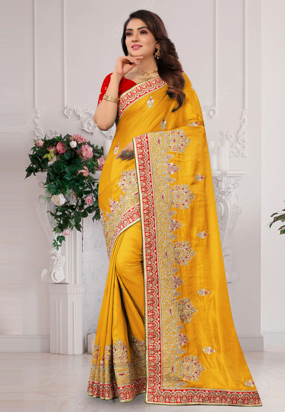 Yellow Satin Silk Embroidered Saree 245788