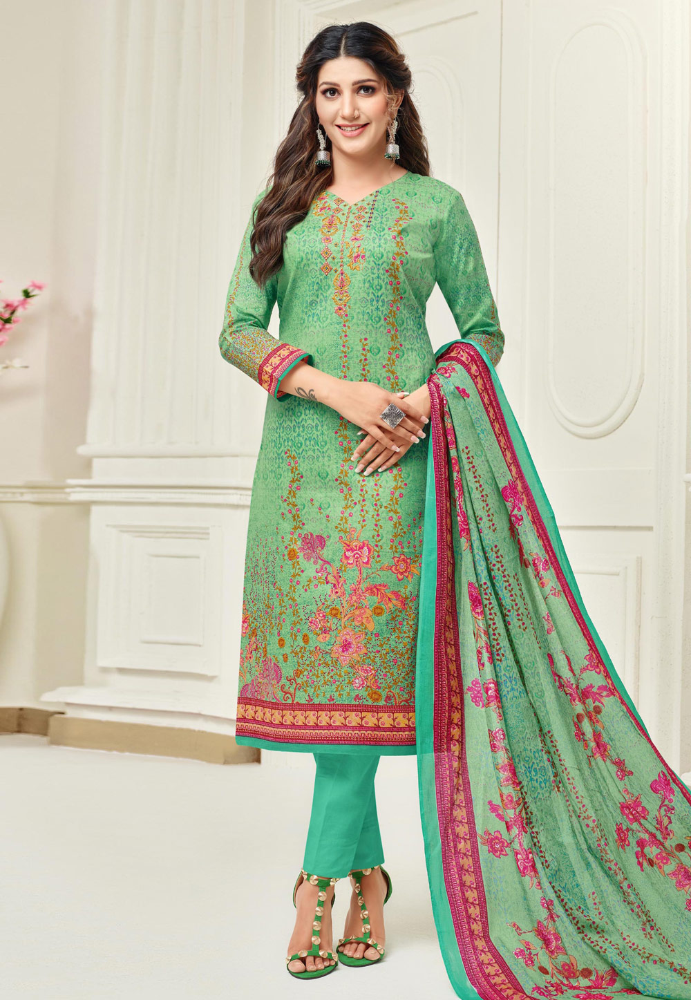 Sea Green Cambric Cotton Pant Style Suit 167689