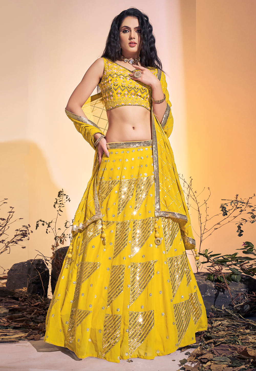 Yellow Georegette Readymade A Line Lehenga Choli 262950