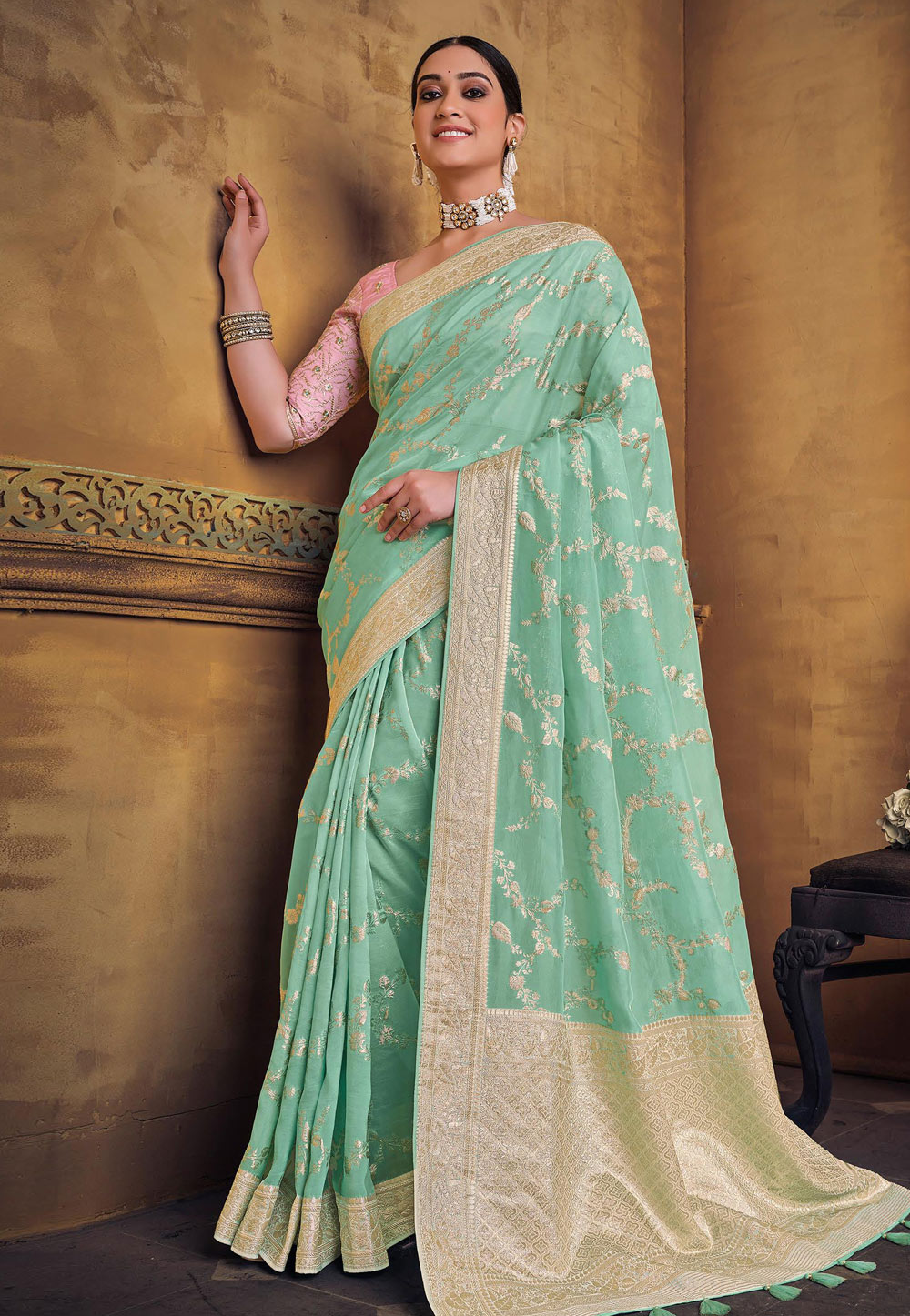 Sea Green Silk Saree With Blouse 274688