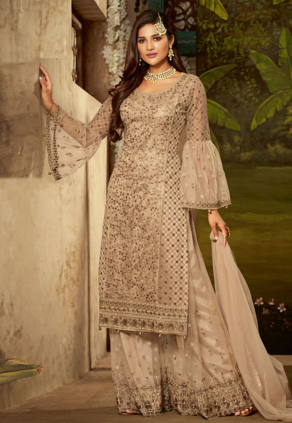 Beige Net Palazzo Suit With Frill Sleeve 162698