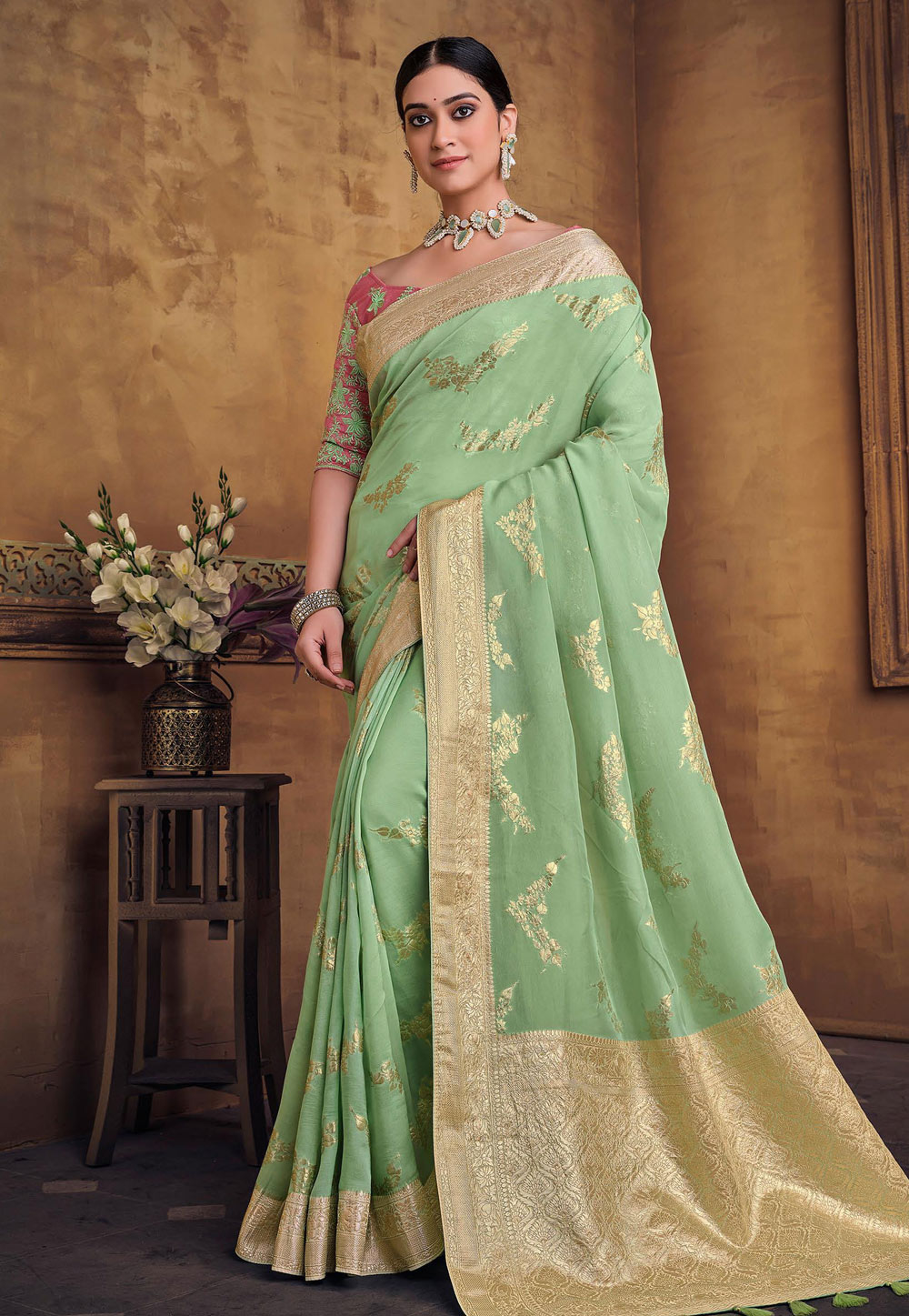 Pista Green Silk Saree With Blouse 274693