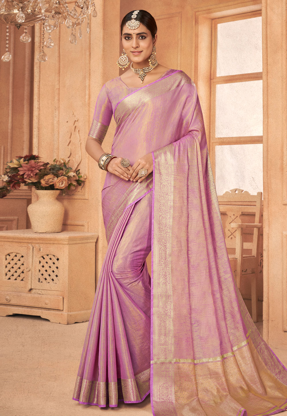 Light Purple Linen Saree With Blouse 266342
