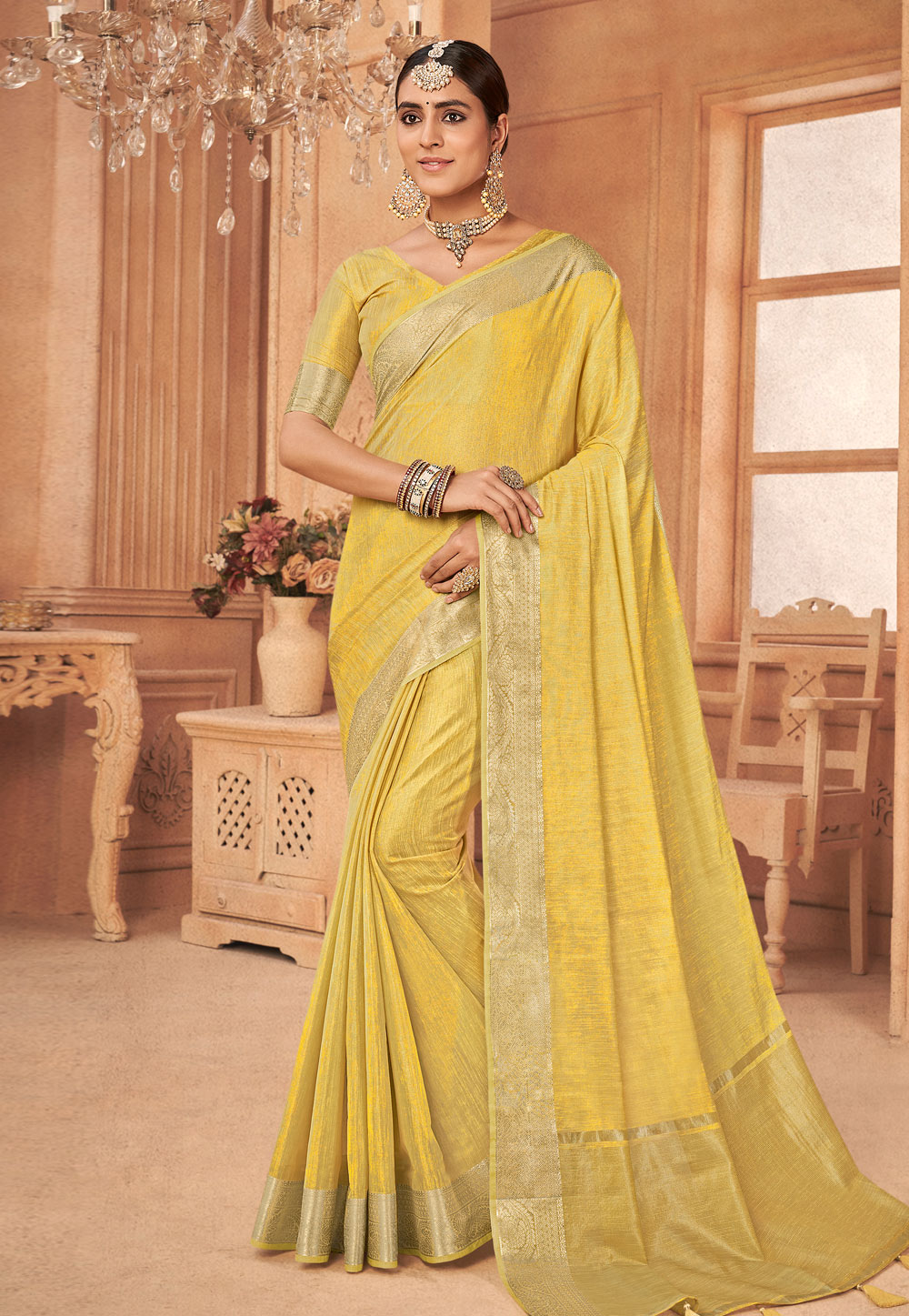 Yellow Linen Saree With Blouse 266343