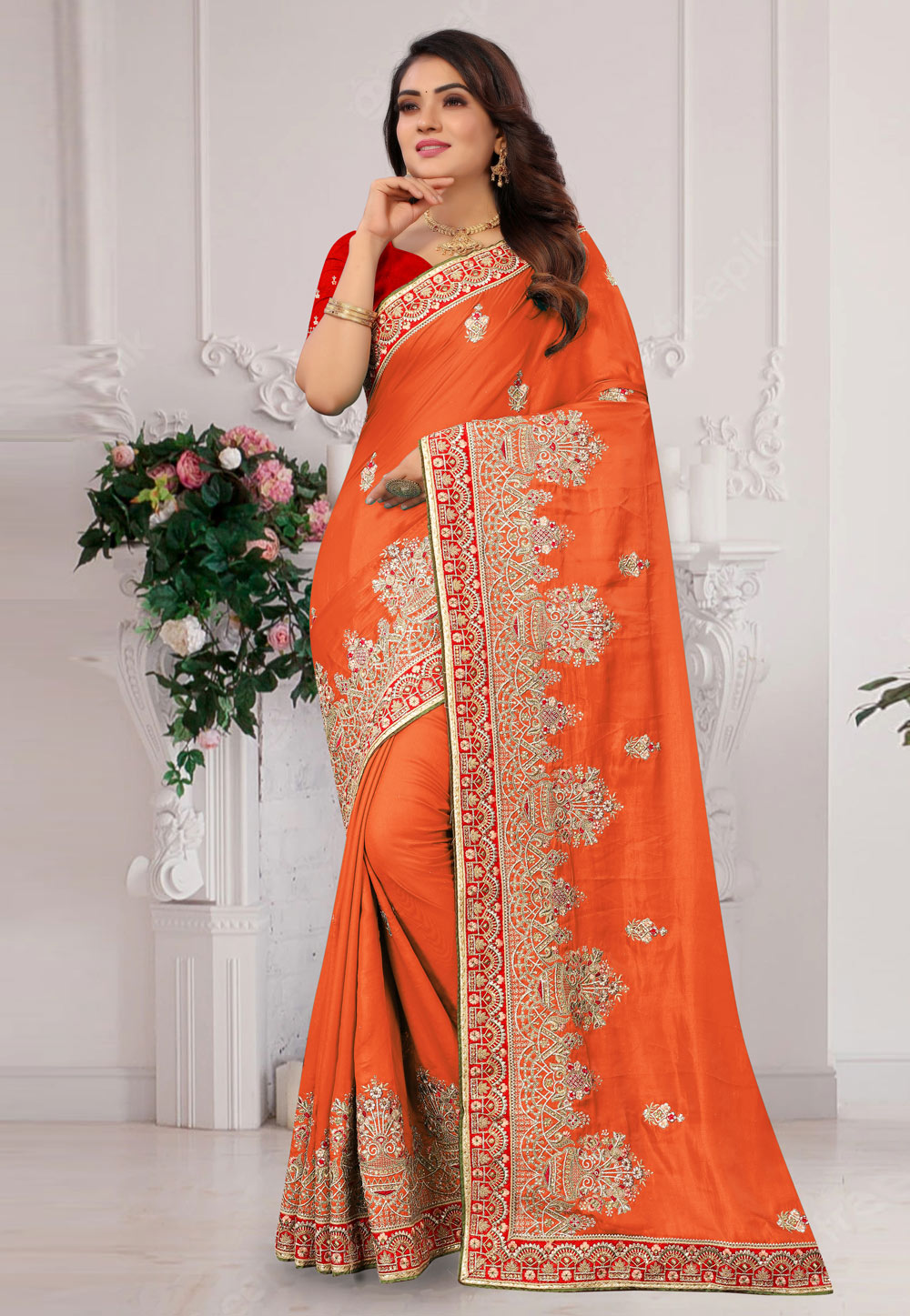 Orange Satin Silk Embroidered Saree 245792
