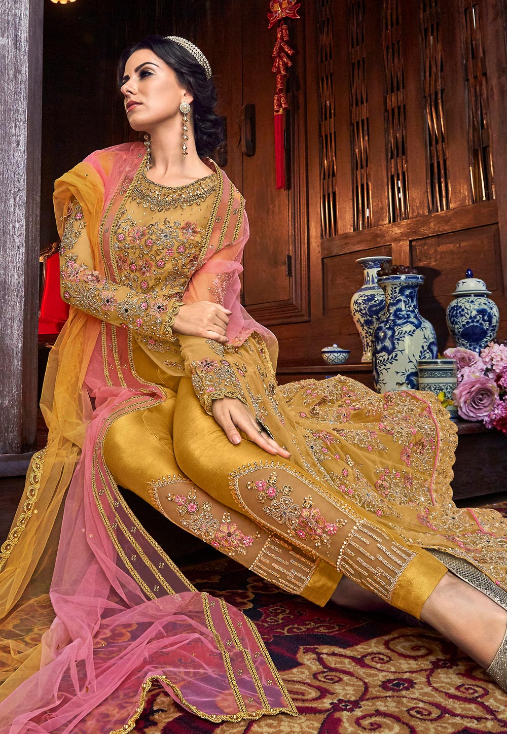 Yellow Net Pant Style Suit 184618