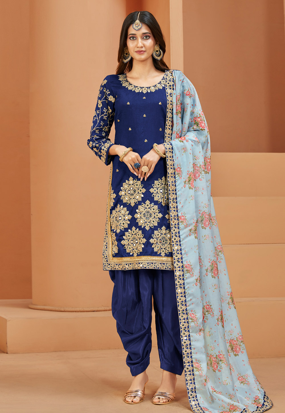 Navy Blue Art Silk Punjabi Suit 261814